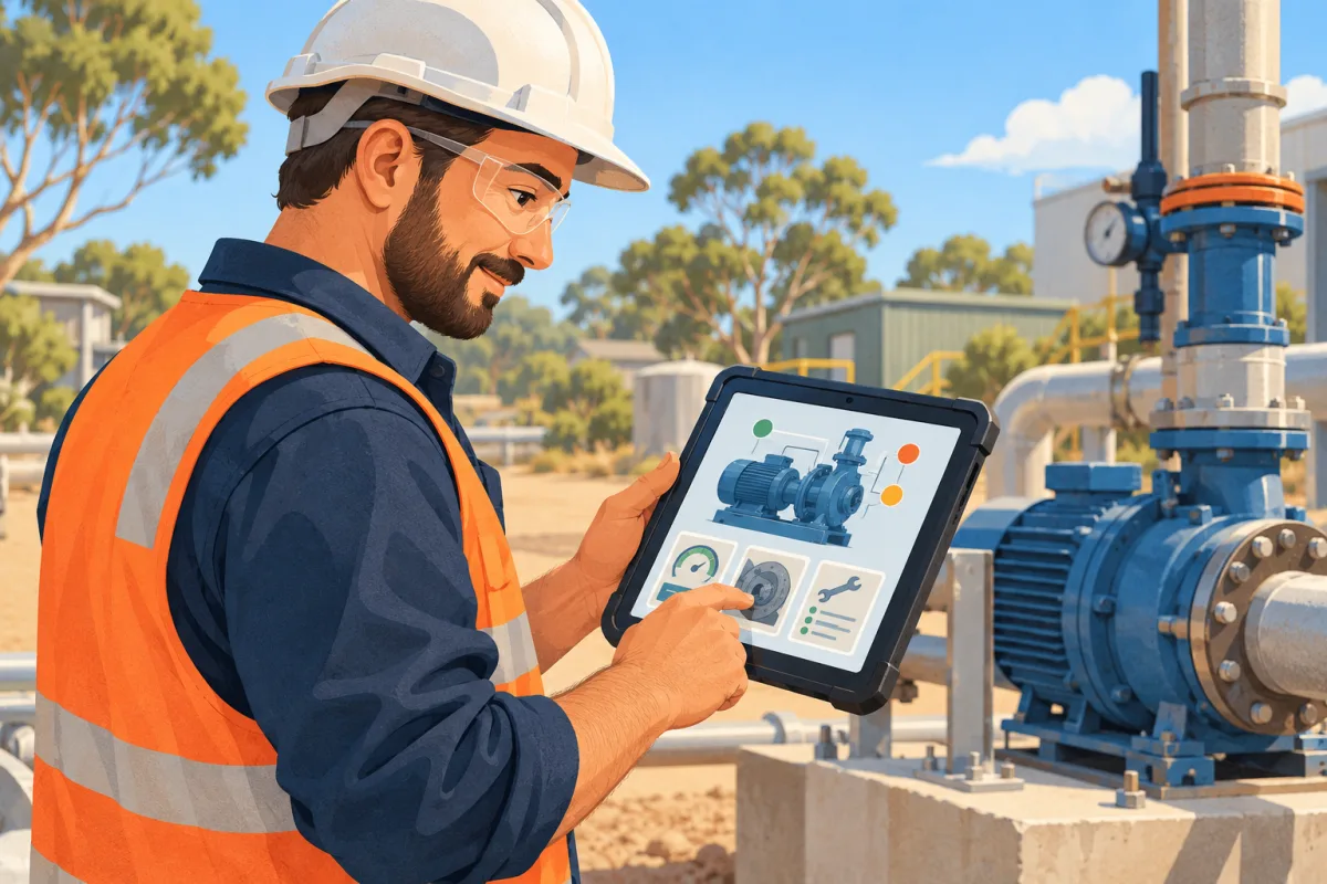 A field technician using a specialist mobile tool on a tablet at an outdoor industrial site